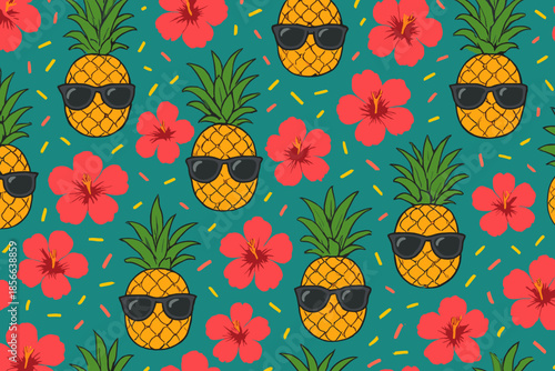 Pineapples wearing sunglasses and flowers in a colorful pattern for a fun and lively design