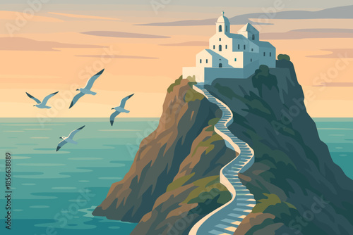 Sunset view of a coastal building on a rocky cliff with birds flying above the water