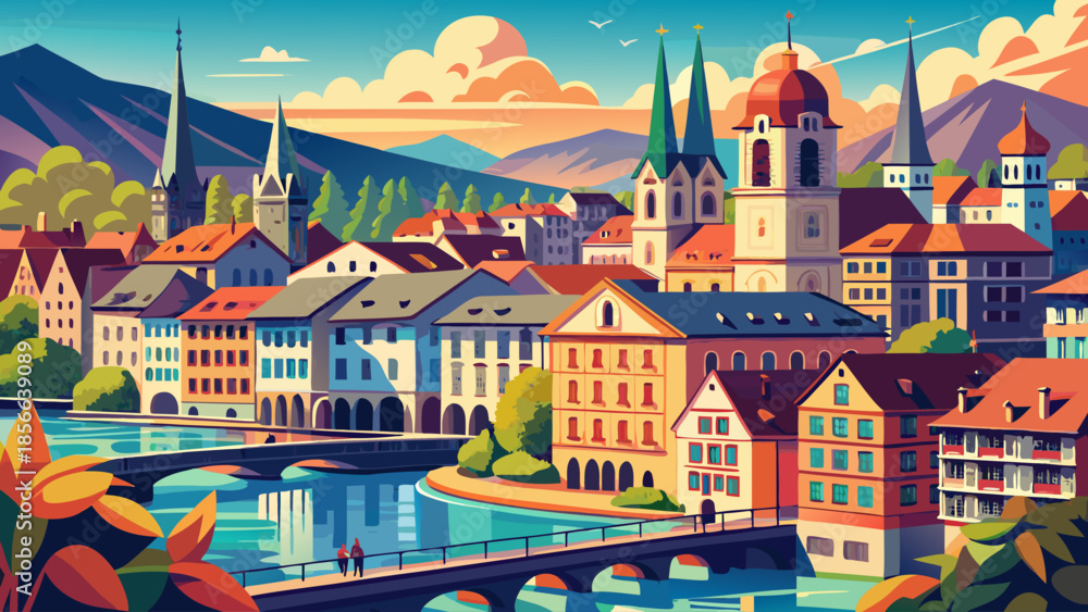 Naklejka premium Very beautiful summer panorama of Zurich featuring the Limmat River, historic rooftops, church towers, and vibrant city life blended harmoniously with nature in Switzerland’s cultural heart.
