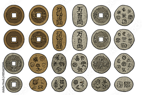Antique coins from different cultures displayed on a flat surface in various shapes and sizes
