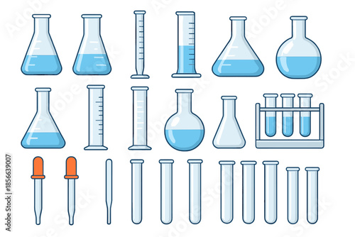 Various laboratory glassware used for conducting experiments and measuring liquids in a science setting