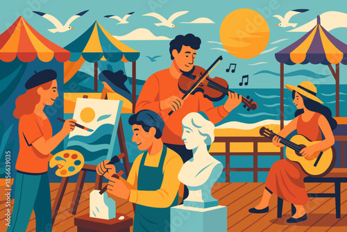 Artists create on a boardwalk by the sea during a sunny afternoon with music and colorful tents nearby