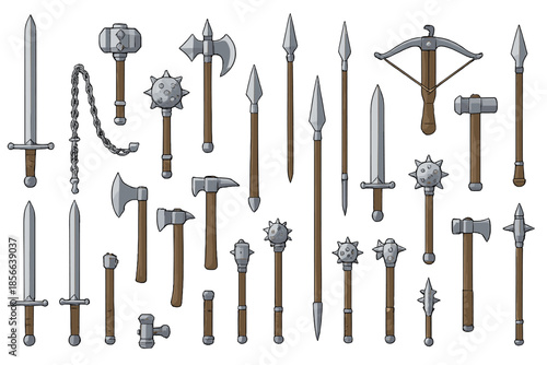 Various types of weapons displayed on a white background for reference and design purposes