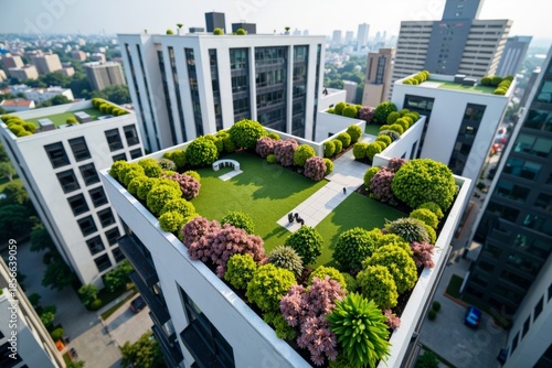 Bird's Eye Perspective of Urban Rooftop Gardens in Skyscrapers