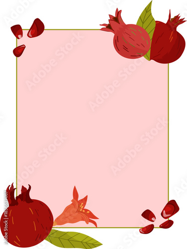 Elegant rectangular botanical frame with hand drawn pomegranates, vibrant pomegranate flowers arranged around a soft pink background. Perfect for use as a wedding invitation, organic product label.