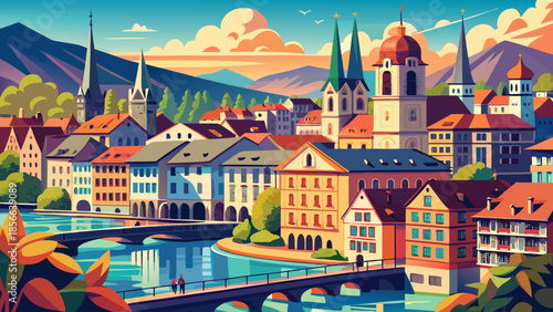 Very beautiful summer panorama of Zurich featuring the Limmat River, historic rooftops, church towers, and vibrant city life blended harmoniously with nature in Switzerland’s cultural heart.