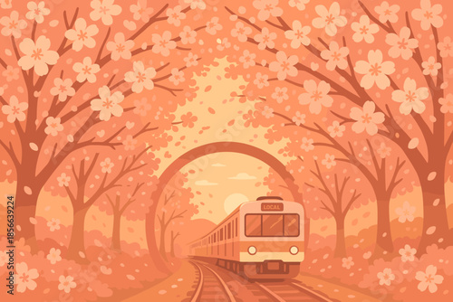 Train travels through cherry blossom trees in a warm sunset scene with flower-covered tracks