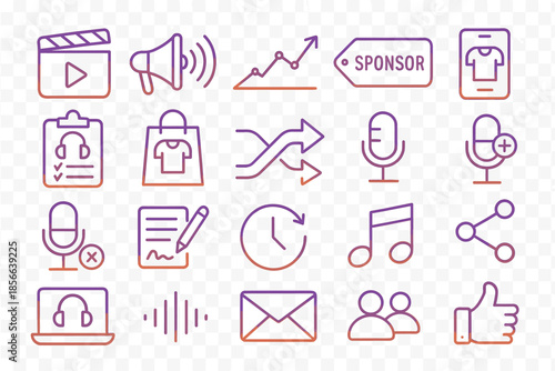 Different icons representing various activities related to media and marketing on a plain background for digital design purposes