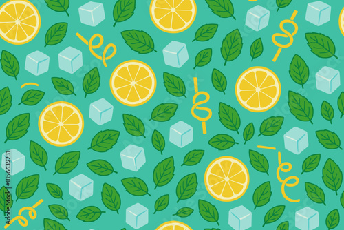 Lemon slices, ice cubes, and green leaves create a fun pattern on a bright background for summer drinks or events
