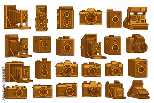 Different types of cameras are shown in a collection, displaying their unique designs and features from various time periods