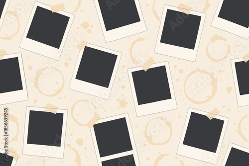 Empty photo frames on a beige background with tape and coffee stains arranged in a random pattern