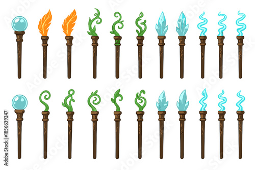 Various magic wands with different designs and colors on a white background showcasing creativity and fantasy themes