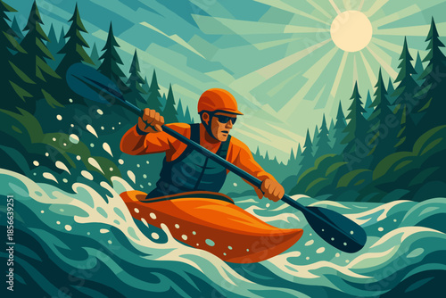 Man paddles kayak through river among trees on sunny day with bright sky