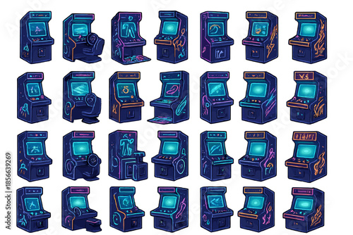 Various arcade game machines displayed in a grid showing different designs and themes, set in a fun gaming environment