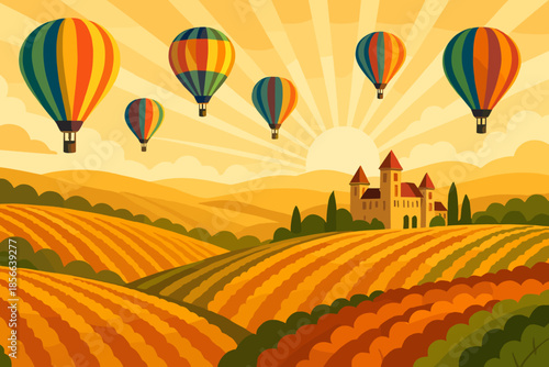 Hot air balloons fly over vineyards and hills during sunrise in a colorful landscape with a castle
