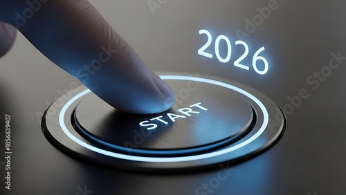 A finger presses a glowing start button displaying the year 2026