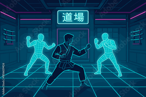 Karate practice in a dojo with digital figures and neon lights at night