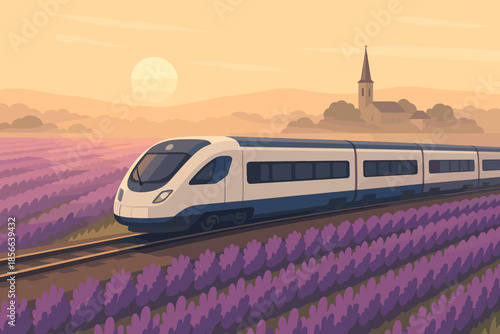High-speed train travels through lavender fields at sunset near a distant church