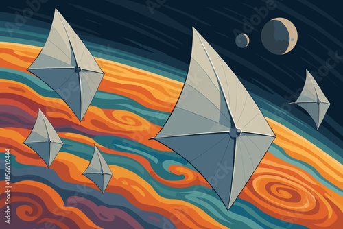 Space exploration with solar sails near a colorful gas giant at night with moons in the background