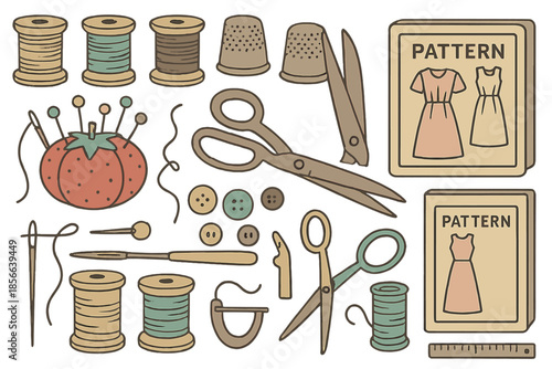 Supplies and tools for sewing projects with patterns and threads on a white background