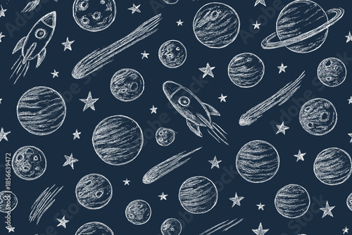 Space pattern with rockets, planets, and stars drawn in chalk style on a dark background