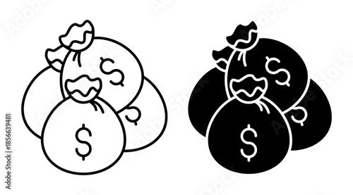 Linear isometric icon. Bags of money piled up. Simple vector isolated on white background