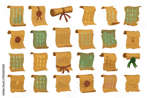 Collection of ancient scrolls with various symbols and seals displayed on a plain background