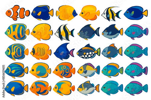 Colorful fish swimming in a pattern with different shapes and sizes in a vibrant underwater scene