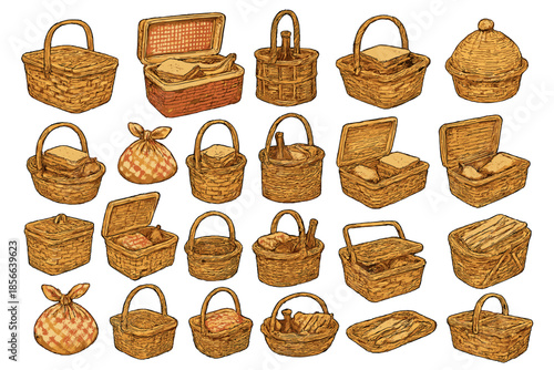 Different types of baskets with various contents including cloth and food items arranged in a pattern