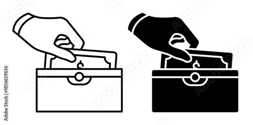 Linear icon. American investor hands take cash out of an expensive wallet. Cash, bank loan, cash in money case. Simple vector isolated on white background