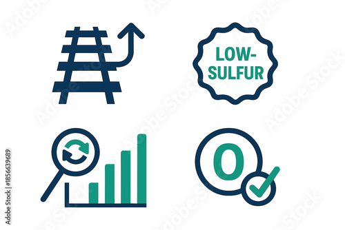 Railway symbols show low sulfur, data analysis, and green energy options for transportation and industry in a clear, modern style