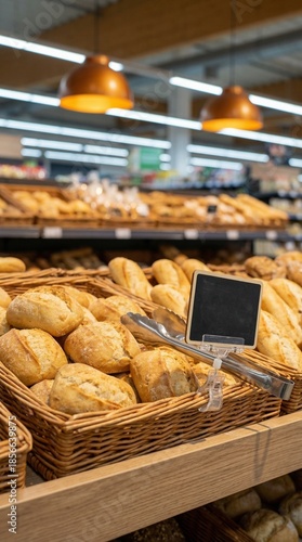 Fresh bread rolls in wicker baskets at a supermarket bakery. Vertical photo of baked goods with blank chalkboard sign and tongs. Copy space for text