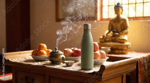 Green reusable water bottle on a wooden altar with incense smoke. Spiritual meditation setting with Buddha statue and fruit offerings. Wellness and mindfulness concept