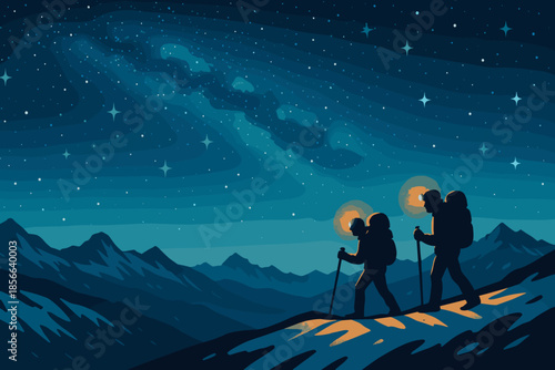 Two hikers explore a mountain trail under a starry sky at night with bright lamps in their hands