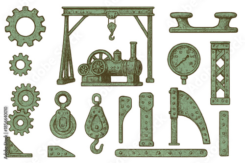 Collection of vintage industrial tools and components displayed on a plain background showcasing mechanical design elements and functionality