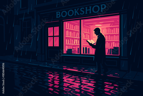 Person reading a book outside a bookstore on a rainy night with bright lights and reflections in the water