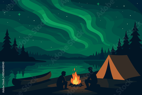 Campfire gathering by the lake under the northern lights with family enjoying time together at night