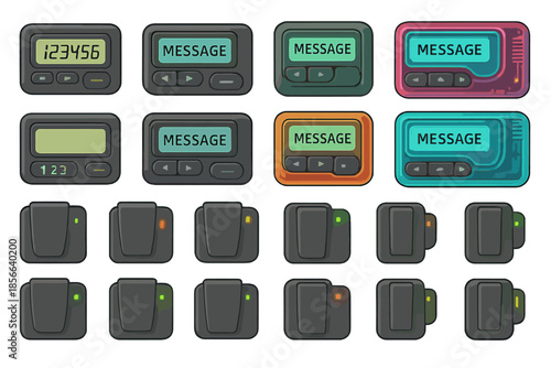 Different styles of pager devices displayed in a grid with various button layouts and screen designs