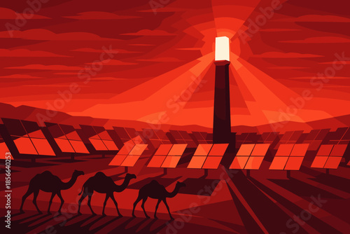 Solar power station with camels walking under red sky in desert landscape during sunset
