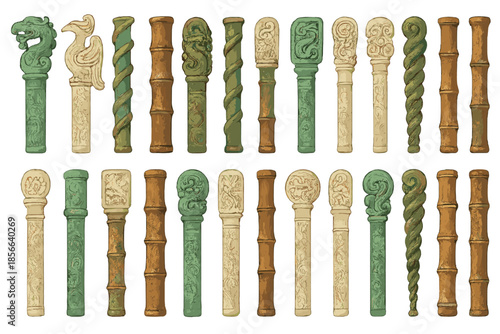 Old carvings displayed in rows showing different shapes and designs, likely from a historical period, collected for study and appreciation