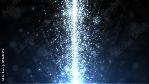 Vertical beam of glowing particles rises in dark space, creating an abstract light column background symbolizing energy, data flow and futuristic motion.
