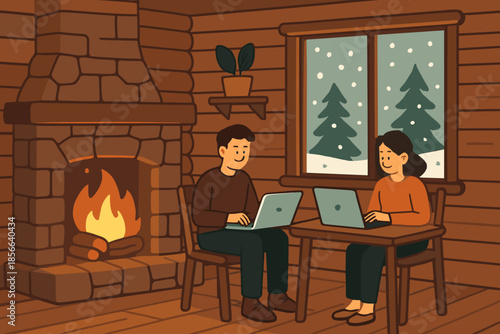 Couple works on laptops by fireplace in cabin during winter season with snow outside