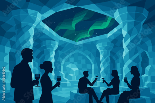 Night gathering in an ice-themed bar with colorful lights and northern lights visible from the ceiling