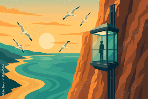 Viewpoint near the ocean with an elevator and a person looking at the sunset and seagulls flying in the sky