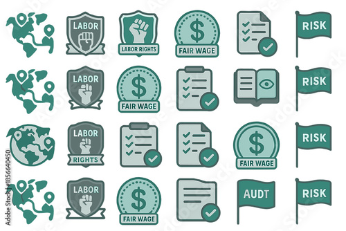 Labor rights symbols and icons showing fair wage, audit, and risk in various designs and colors for educational purposes