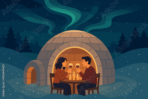 Couple enjoys drinks in igloo under northern lights on a winter night in a snowy forest