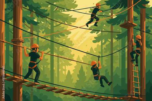 Group of people engaged in an outdoor ropes course activity in a forest during daytime with tall trees surrounding the area