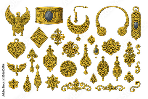 Collection of various gold jewelry designs featuring intricate patterns and shapes inspired by ancient art and cultures