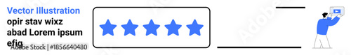 Five-star rating card accompanied by text feedback. Person interacting with a laptop. Ideal for user reviews, feedback, ratings, customer satisfaction concepts, service evaluation, online surveys, or