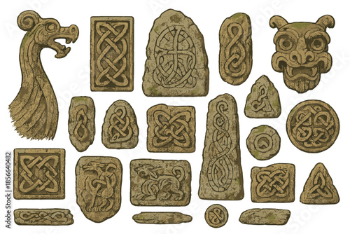 Carvings of mythical creatures and patterns found in ancient Nordic ruins from an archaeological site